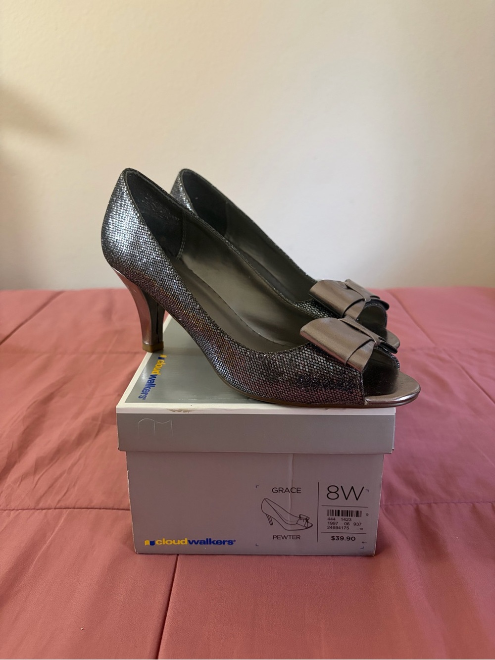 cloudwalkers Metallic Pewter Peep-Toe Heels with Bow Accent